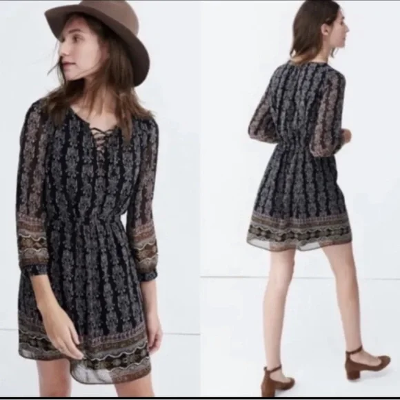 Madewell Lace Up Burnished Floral 3/4 Sleeve Sheer Mini Dress Women’s Size 2 - Picture 1 of 12